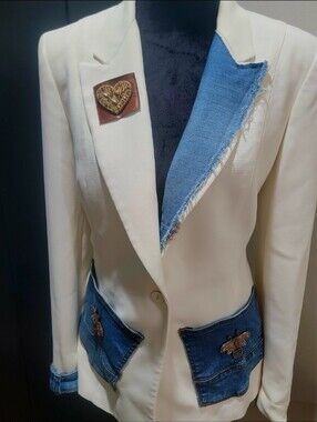 Custom Cream Blazer with Distressed Denim And Bee Heart Patches